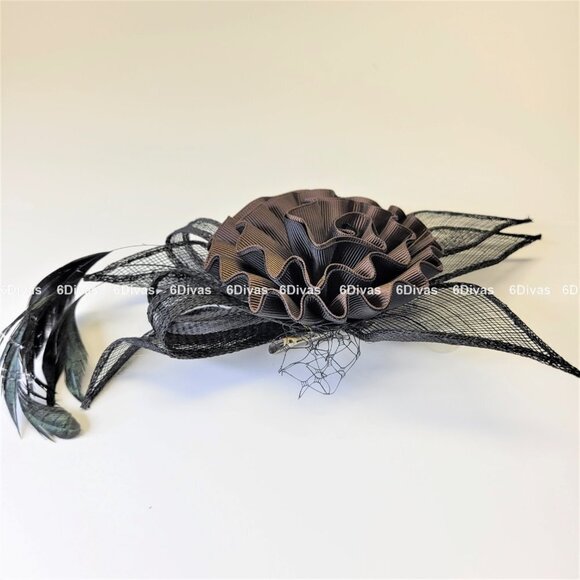 Dark Brown and Black Floral Rosette Fascinator Headpiece and Brooch - Picture 6 of 11
